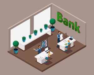 Isometric office of the bank, bank employees serve customers, Loans for the development of their own business tailor, the opening of a tailor workshop