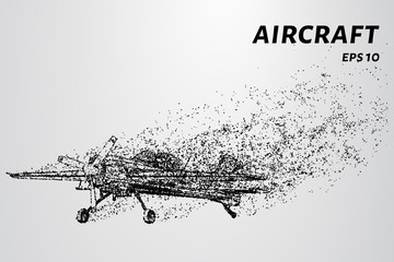 Aircraft of particles. Aircraft flies and leaves a trail of dots and circles.