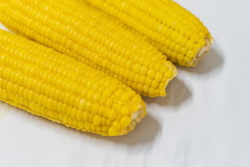 Three Fresh corn on white table, closeup.