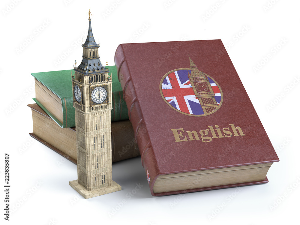 Poster studying and learn english concept. book with flag of great britain and big ben tower isolated on wh