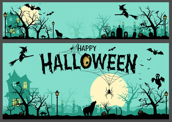 Fototapeta premium Halloween Background and Banner - Colored Illustration with Black Silhouetted Scary Elements, Vector