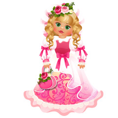 Cute doll green-eyed blonde girl with dress with pink ribbons and bows isolated on white background. Vector cartoon close-up illustration.