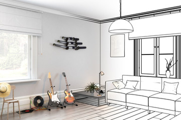 Electric guitars inside the living room (draft) - 3d visualization