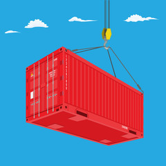 Port crane lifts red container. Perspective view from bottom. Logistics concept vector illustration.