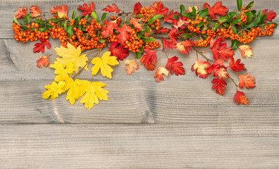 Autumn background Red yellow leaves wooden texture