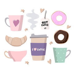 Coffee big set illustrations. Coffee to go, coffee cups and sweets