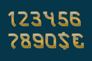 Gaming stylized golden numbers with currency signs of dollar and euro.