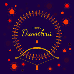 Indian festival Dussehra greeting card. Bright purple background with stars, mandala, golden bow and arrow. Designed for web and prints.