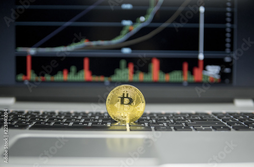 Golden Bitcoin Coin On A Silver Keyboard Of Laptop And Diagram Chart - 