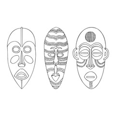 African mask. Hand-drawn set of African tribal masks. Vector illustration on white background.                    