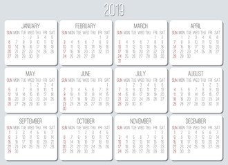 Year 2019 monthly calendar