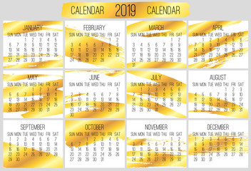 Year 2019 monthly golden calendar