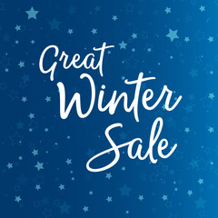 Great Winter Sale vector illustration. Discout for your business or online commerce. Creative lettering on blue background with stars.