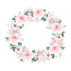Floral wreath with apple or cherry flowers sakura blossom , roses flowers and feathers.