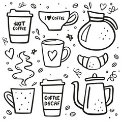 Coffee doodle big set. Coffee to go, coffee pots, cups and design elements.