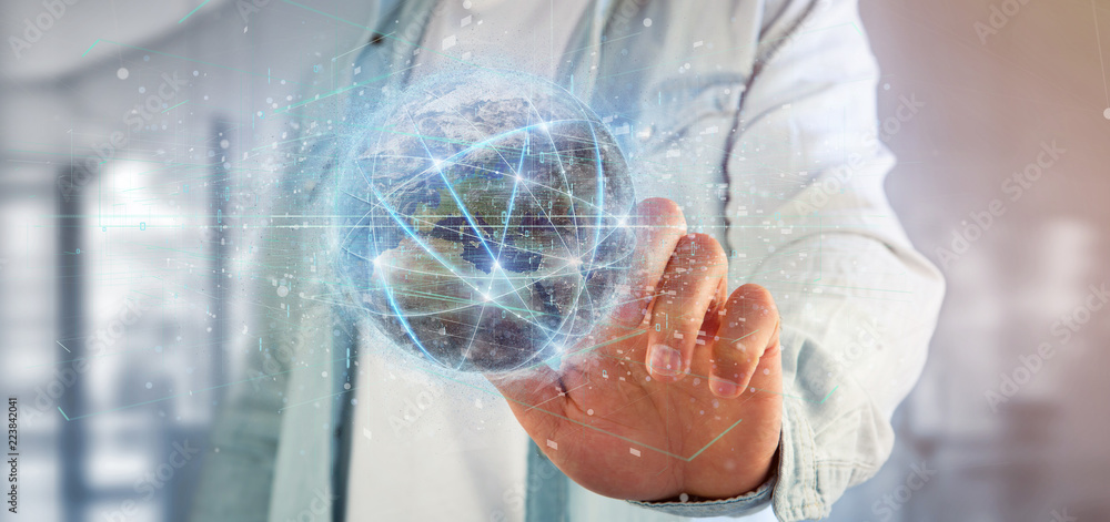 Poster man holding connection around a world globe isolated 3d rendering