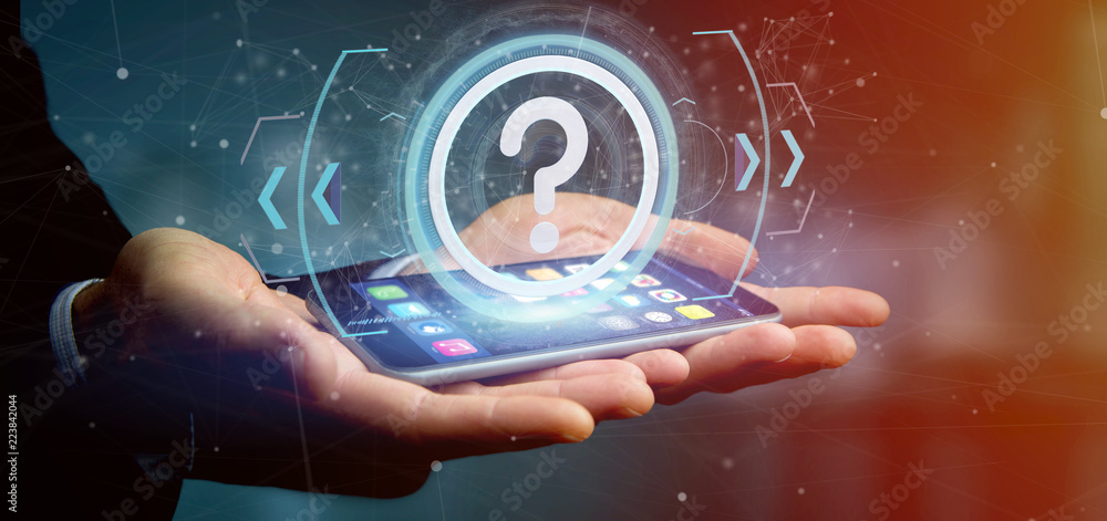Poster man holding a technology question mark icon on a circle 3d rendering