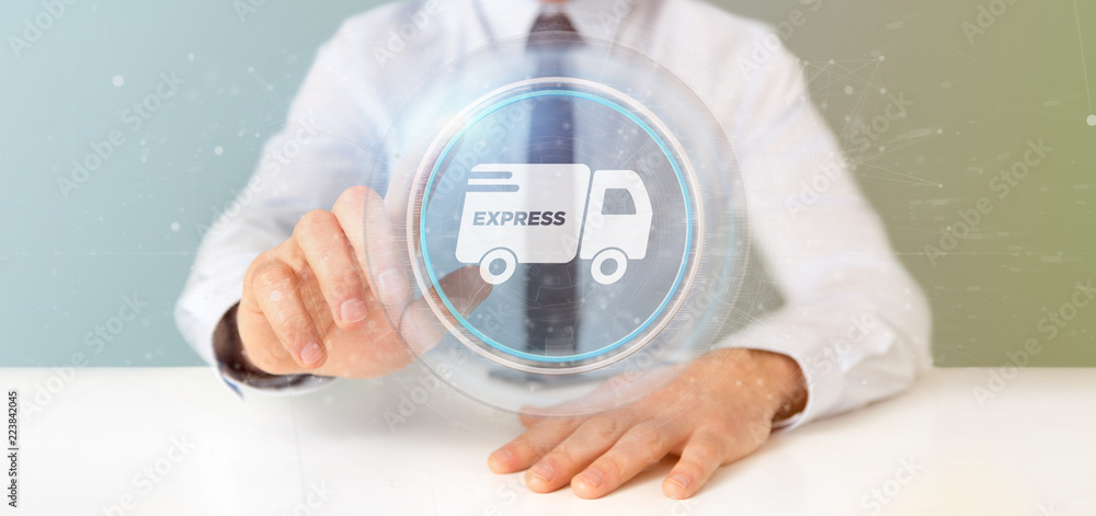 Poster businessman holding a fast delivery button with connection 3d rendering
