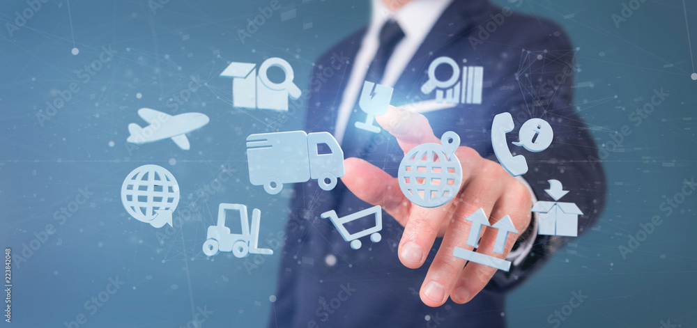Poster businessman holding a logistic organisation with icon and connection 3d rendering