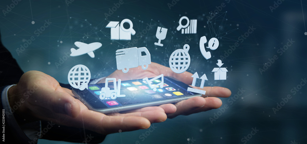 Poster businessman holding a logistic organisation with icon and connection 3d rendering