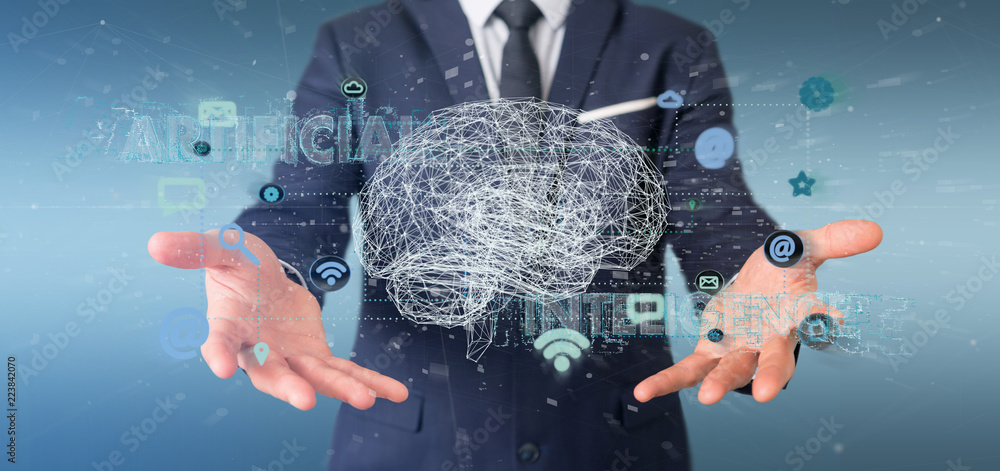 Aufkleber businessman holding a 3d rendering artificial intelligence concept with a brain and app