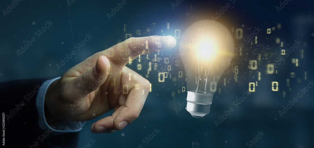 Aufkleber businessman holding a bulb lamp idea concept with data all around 3d rendering