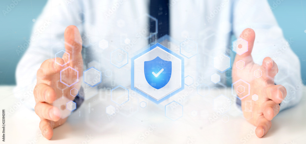 Poster man holding a shield web security concept 3d rendering