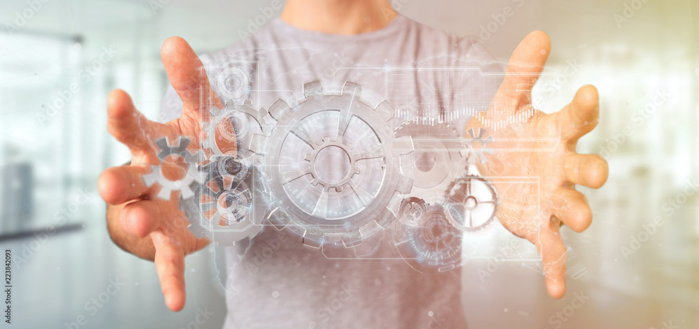 Poster man holding a technology gear wheel interface3d rendering