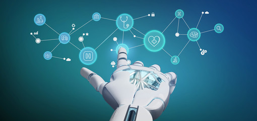 Cyborg hand holding a  Medical icon and connection 3d rendering