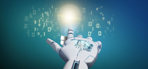 Cyborg hand holding a bulb lamp idea concept with data all around 3d rendering