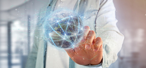 Man holding Connection around a world globe isolated 3d rendering