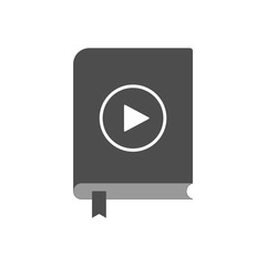 Audiobook icon. Closed book with bookmark and play button on cover. Vector.