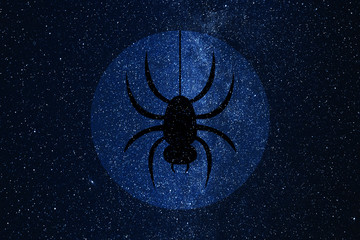 Silhouette of spider hanging on thread against background of night sky and full moon.