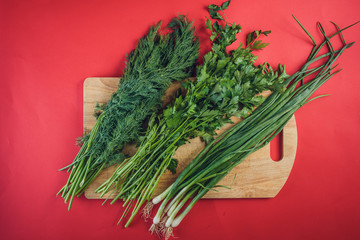 fresh parsley dill and onions lie on a wooden chopping Board on a red background. flat lay