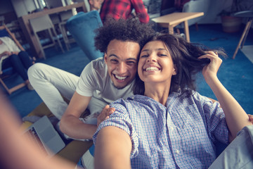 Fototapeta premium Group of happy smiling businesspeople making selfie and gesturing.