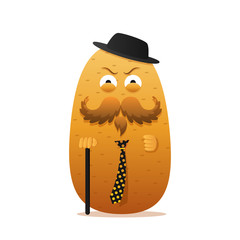 Sir potato character. Vegetable for print, menu, recipe. Educated intellectual, official, magician. Vector cartoon illustration