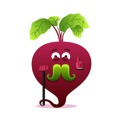 Mister beet character. Vector illustration for recipe, menu, cook book, advertising. Idea, indicate. Cartoon funny cute vegetable