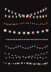 Christmas lights glowing garlands set, festive, vector illustration. Christmas and New year decoration.