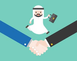 Cute arab business man holding briefcase running on shake hand, business situation deal success or cooperation concept