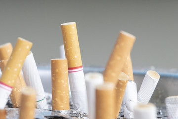 Cigarette butts in the pile of sand.Cigarette butts. Smoking is bad for health and cause of cancer.