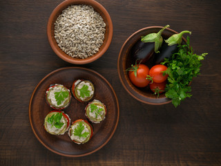 Appetizer from raw eggplant and tomatoes, sauce from sunflower seed. The concept of vegetarianism