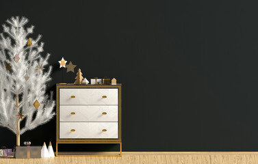 Modern Christmas interior with dresser and Christmas tree, Scandinavian style. Wall mock up. 3D illustration