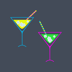Two glasses with cocktail, straws and ice cubes on a dark background. Flat style. Vector illustration.