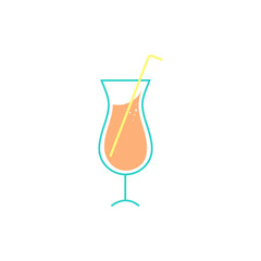 Wine glass, glass of juice with a straw. Flat style. Vector illustration.