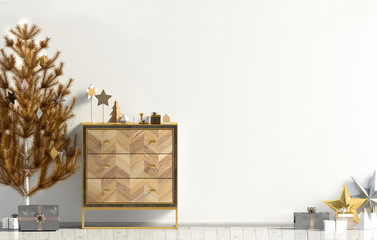 Obraz premium Modern Christmas interior with dresser and Christmas tree, Scandinavian style. Wall mock up. 3D illustration