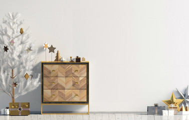 Modern Christmas interior with dresser and Christmas tree, Scandinavian style. Wall mock up. 3D illustration
