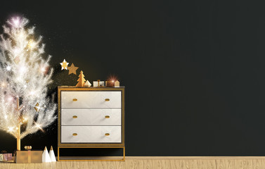Modern Christmas interior with dresser and light Christmas tree, Scandinavian style. Wall mock up. 3D illustration