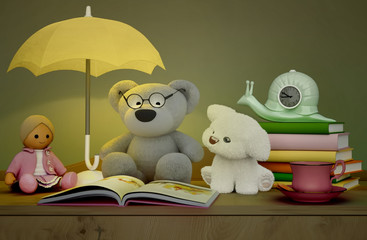 Children's toys, books, clock, the lamp are located on a table.