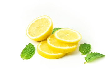 yellow lemon fruit with green leaf peppermint on white background
