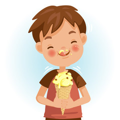 Boy eating ice cream. Emotional mood on the child's face feels good. Delicious and very happy. Licking the ice cream on the cheeks. Cute Cartoon In red shirt. Vector illustrations isolated on white. 